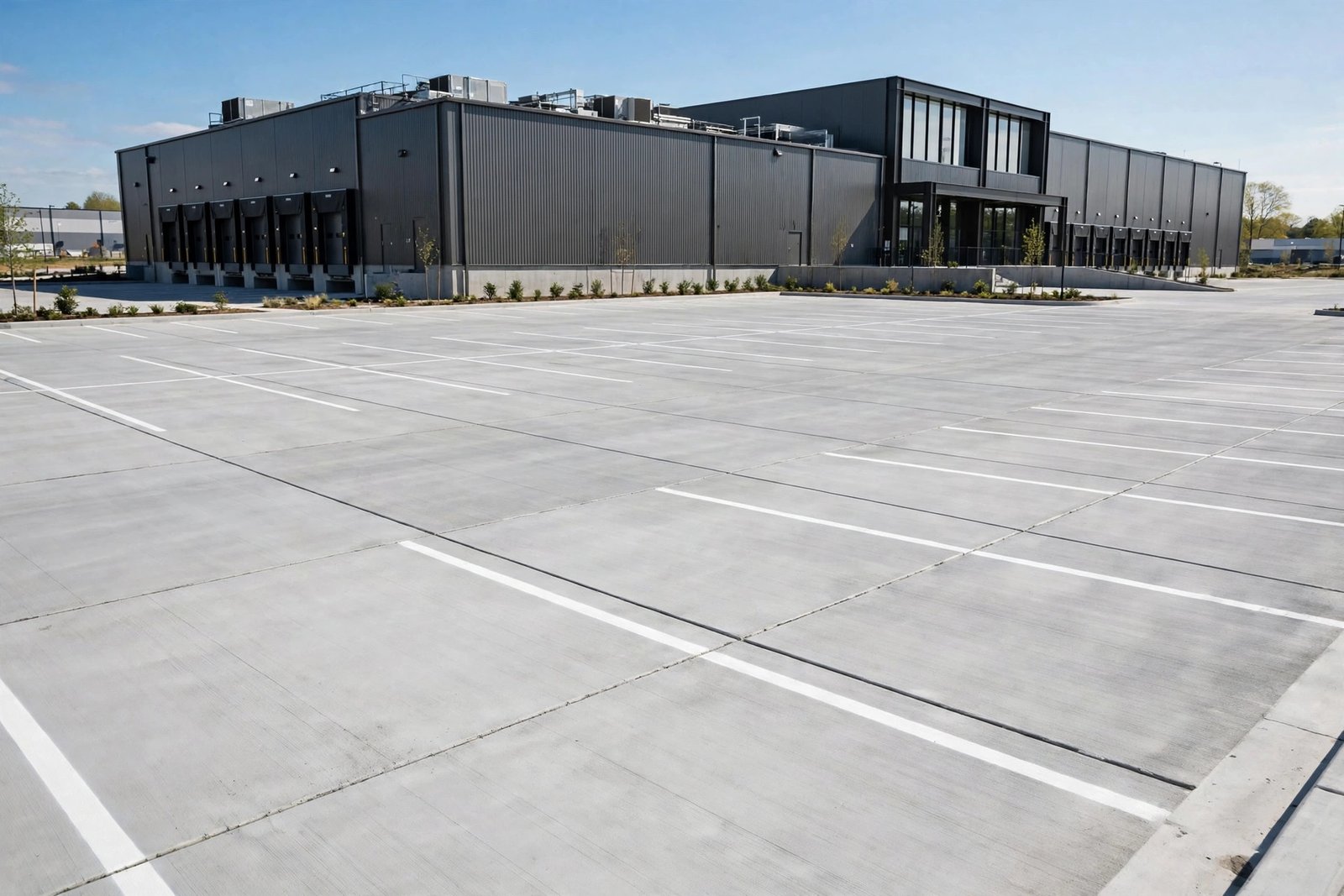 Newly paved commercial concrete parking lot