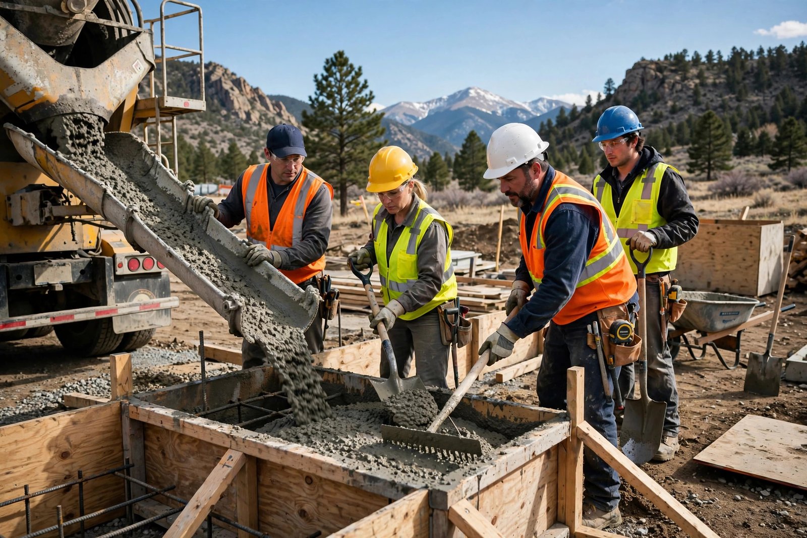 Colorado Springs Concrete Works crew pouring concrete
