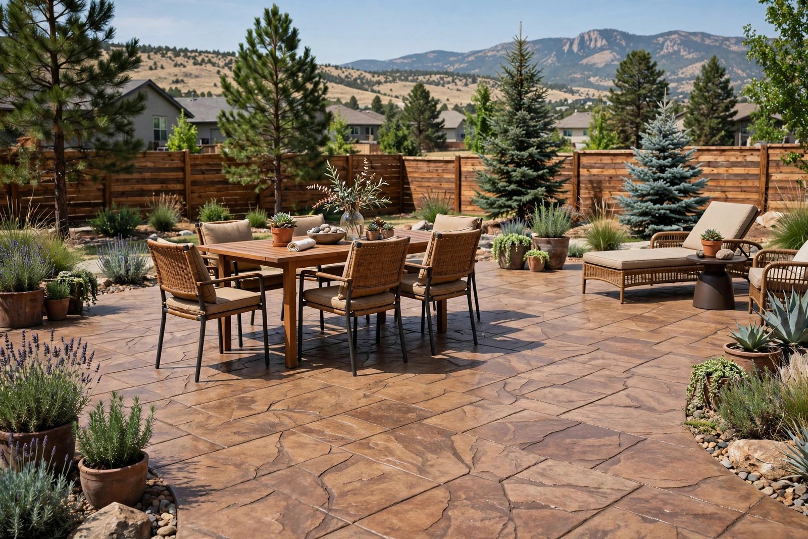 Stamped concrete patio with natural stone pattern