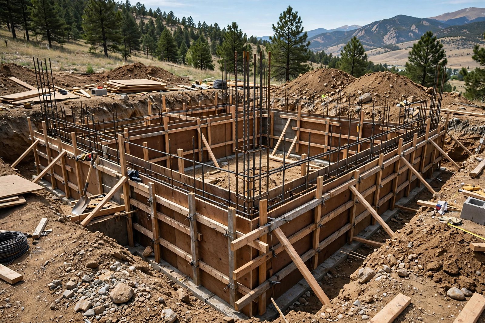 Concrete foundation walls and rebar under construction