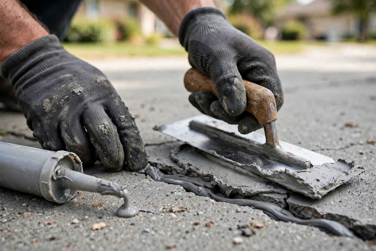 Worker repairing a crack in concrete