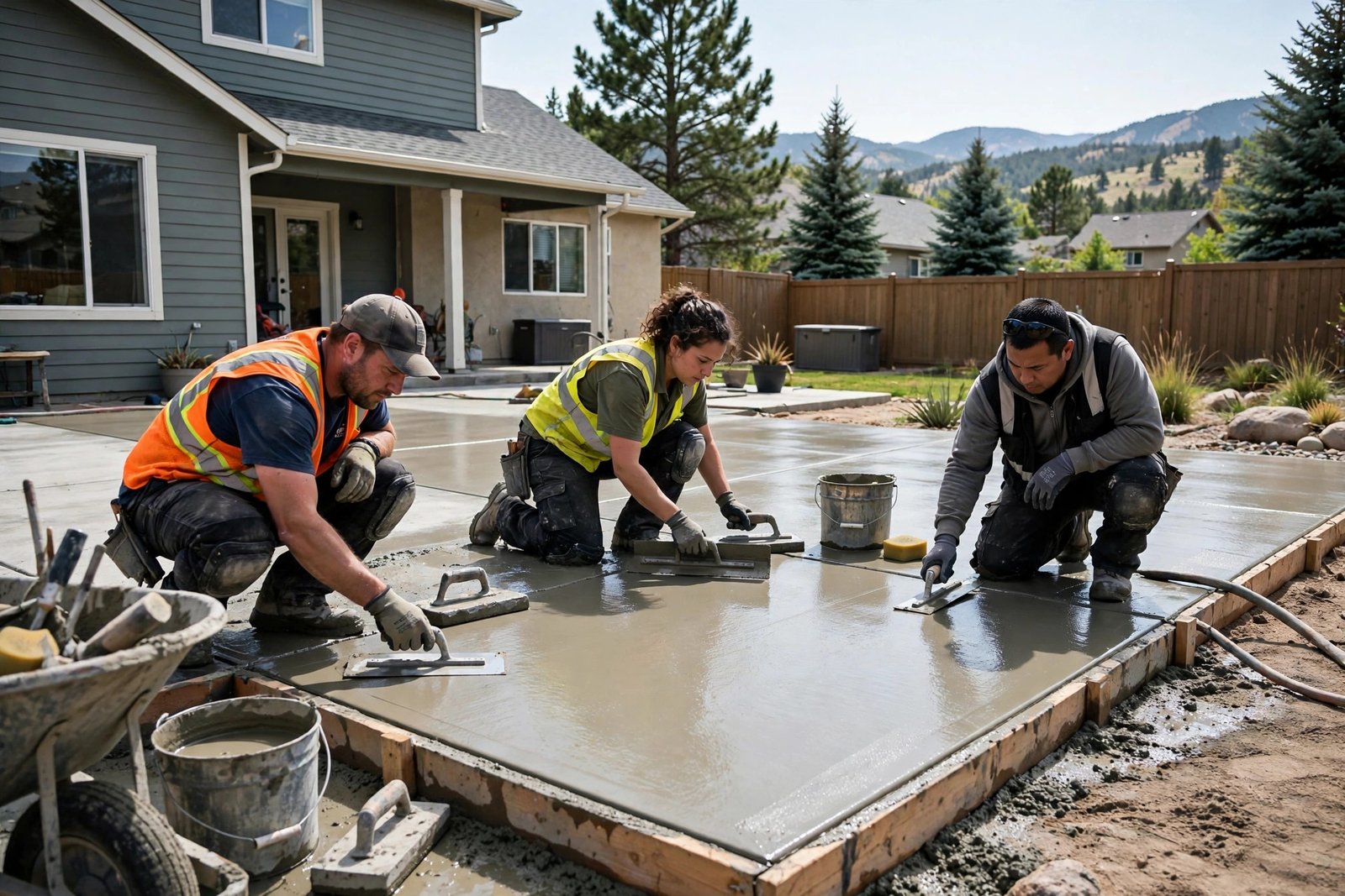 Concrete crew finishing a new residential patio in Colorado Springs